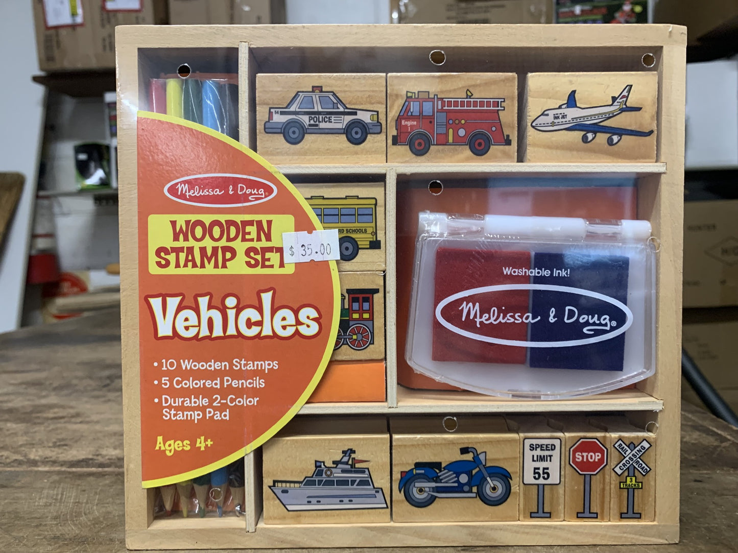 MELISSA & DOUG WODDEN STAMP SET VEHICLES