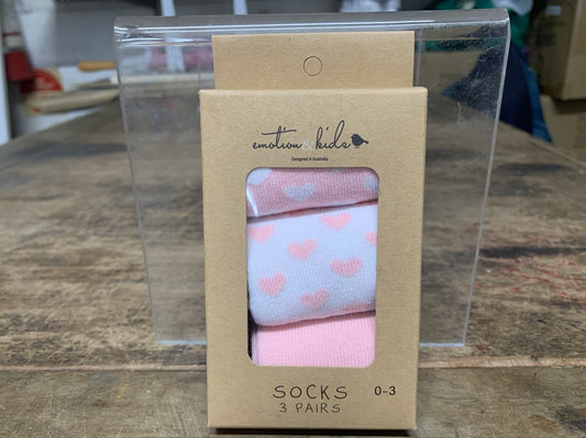 PINK HEARTS 3 PACK SOCKS 0-3 MONTHS